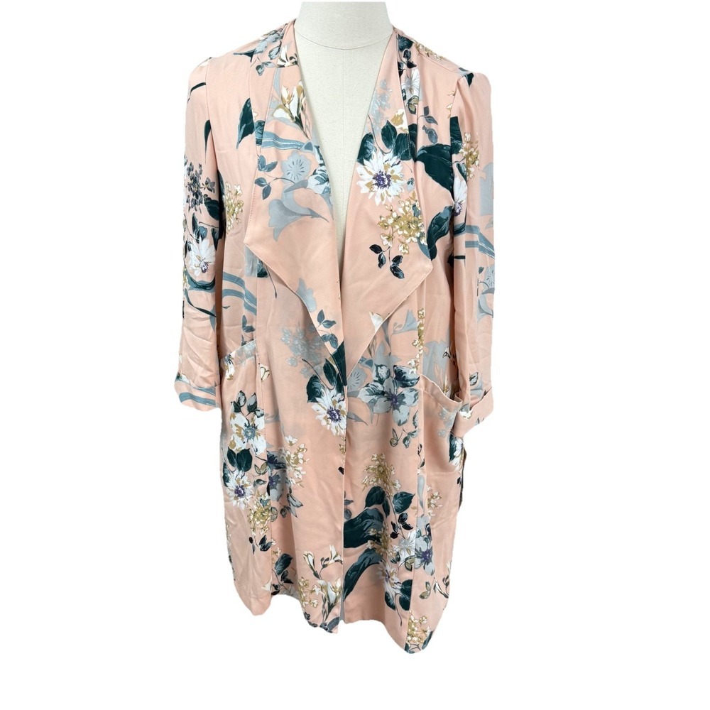 Coldwater Creek Longline Floral Kimono Topper Large Peach Everbloom Waterfall